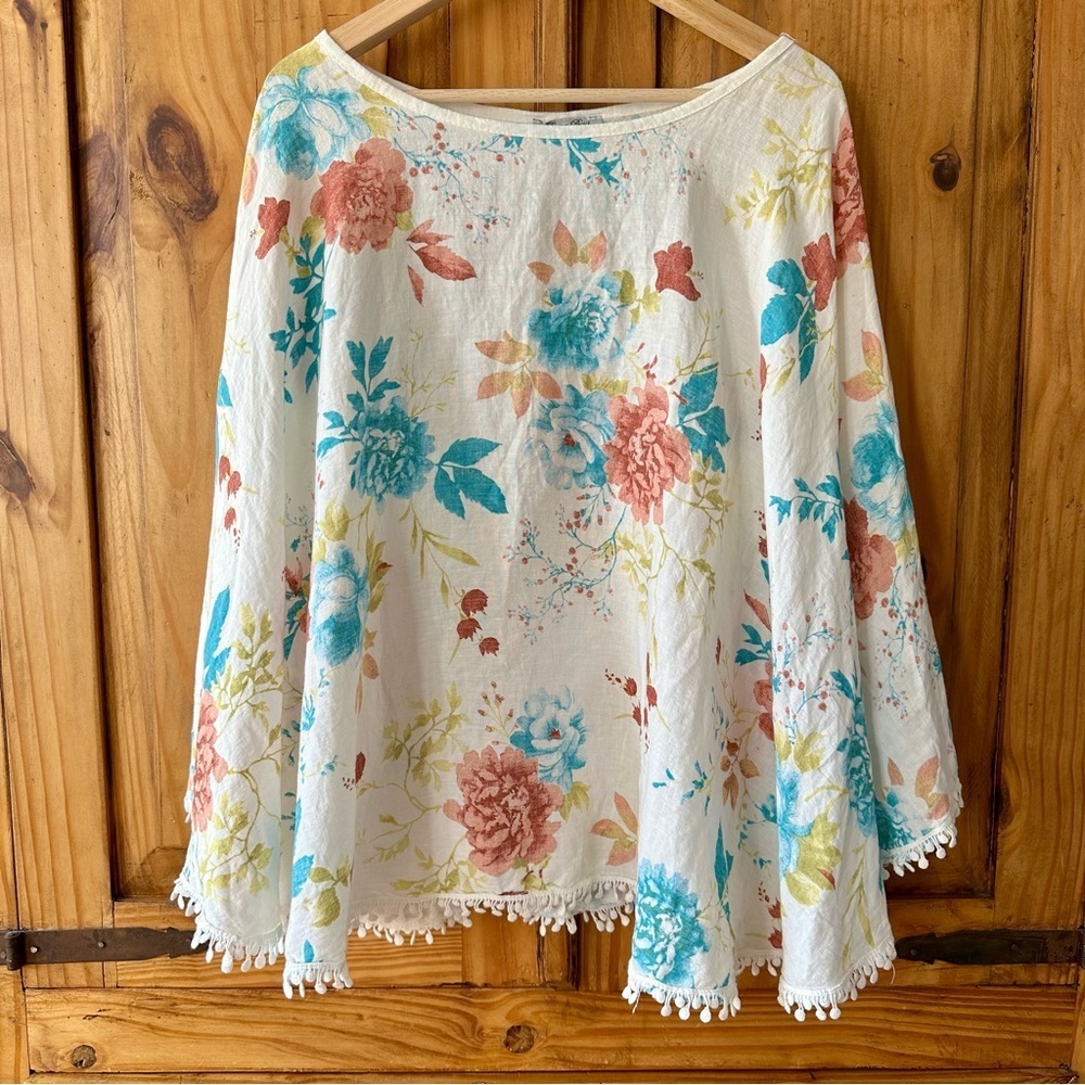 Elena Baldi 100% Pure Linen Made in Italy Summer Floral Poncho Shawl Coastal